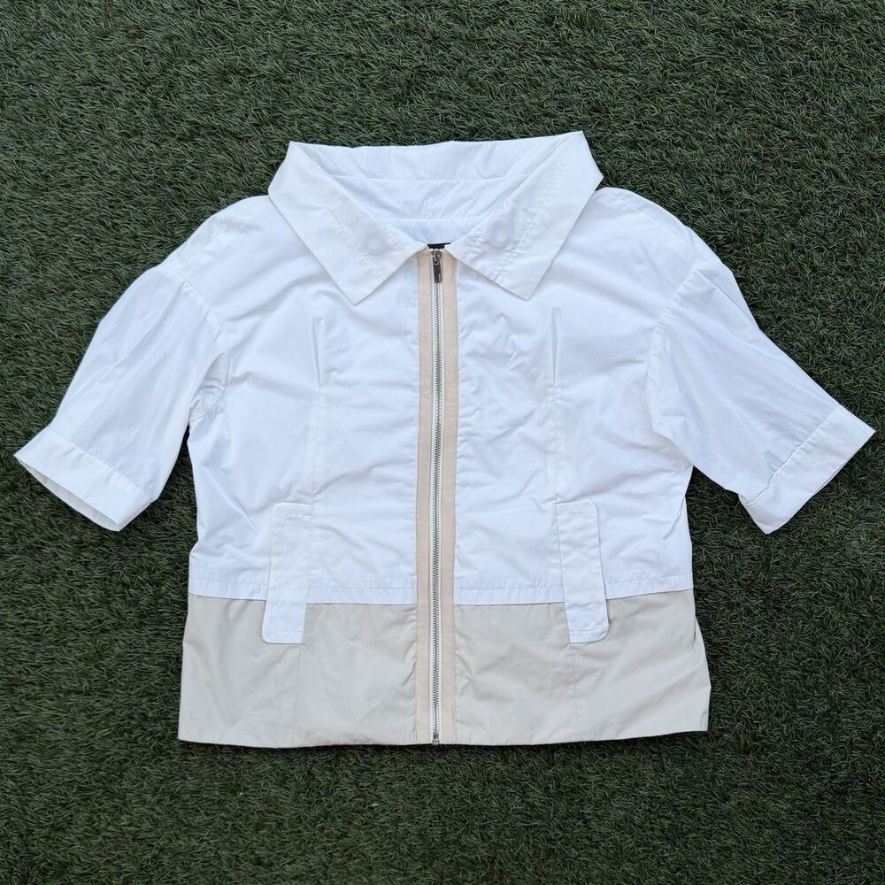 BCBGMaxAzria Utility Jacket White Beige Colorblock Zip M Women Short Sleeve